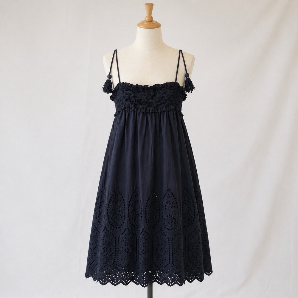 Madison Mathews Eyelet Midi Dress Medium Navy Tassel Smocked Coastal Chic Boho